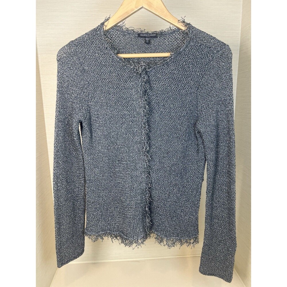 Eileen Fisher Gray Linen Cotton Blend Frayed Trim Cardigan Jacket Petite Medium